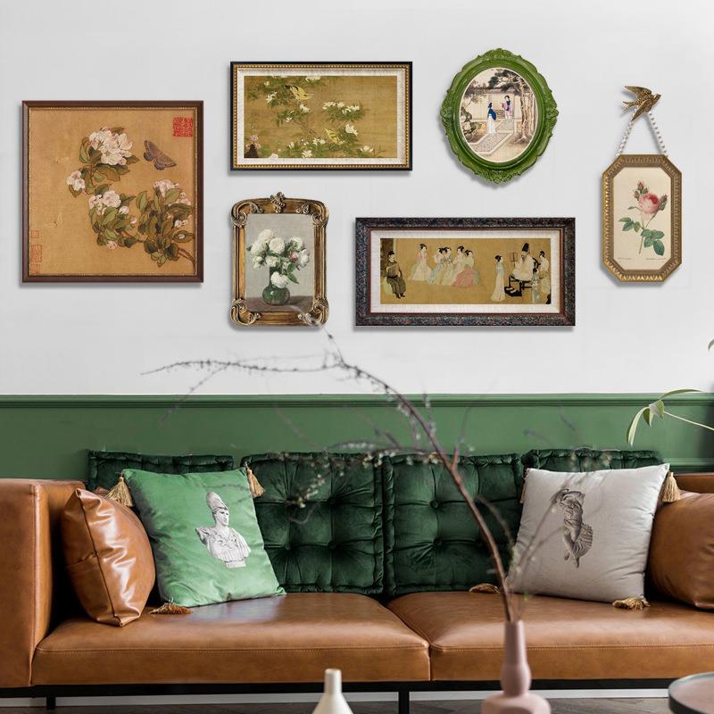 海棠中古国风新中式复古装饰画法式轻奢墙组合画客厅卧室挂画