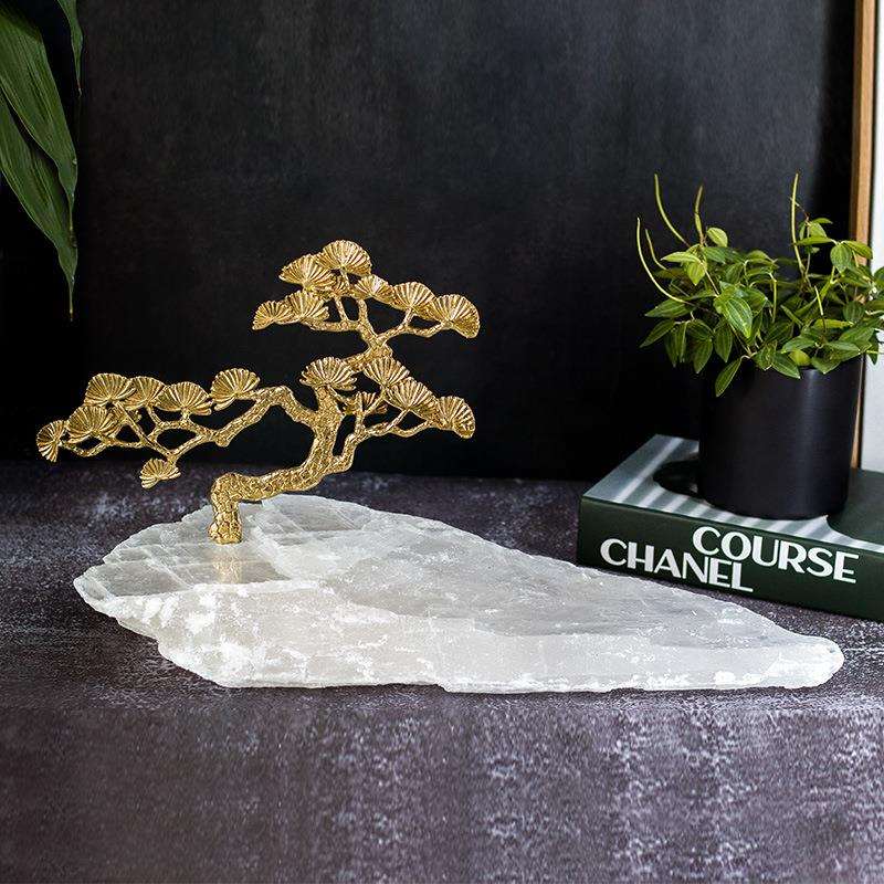 新中式铜制品迎客松水晶矿石轻奢摆件玄关桌面书柜松木摆件装饰品