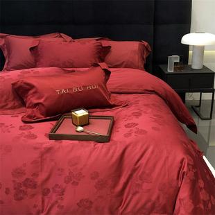 贡缎提花四件套轻奢复古双股100支长绒棉备婚红色被套新婚房