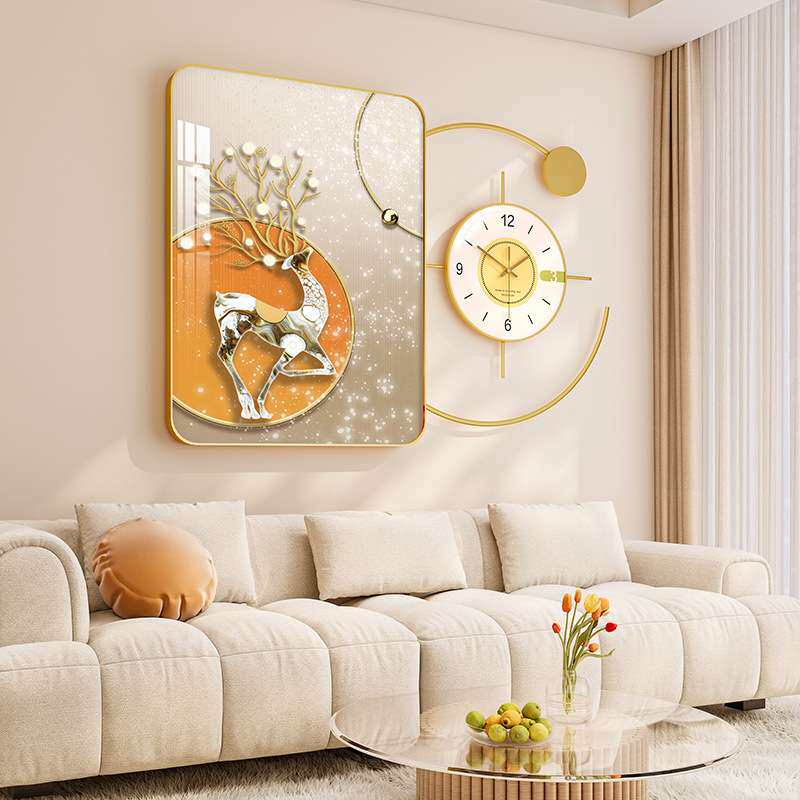 现代风客厅沙发壁挂饰品铁艺晶瓷装饰画挂画背影墙上钟挂表装饰品