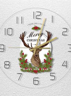 跨境LED灯透明亚克力挂钟圣诞新年快乐鹿头彩色时钟节日气氛装饰
