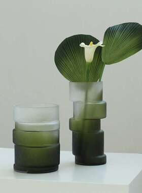 现代手工哑光渐变绿色竹节玻璃花瓶新中式客厅玄关样板房装饰摆件