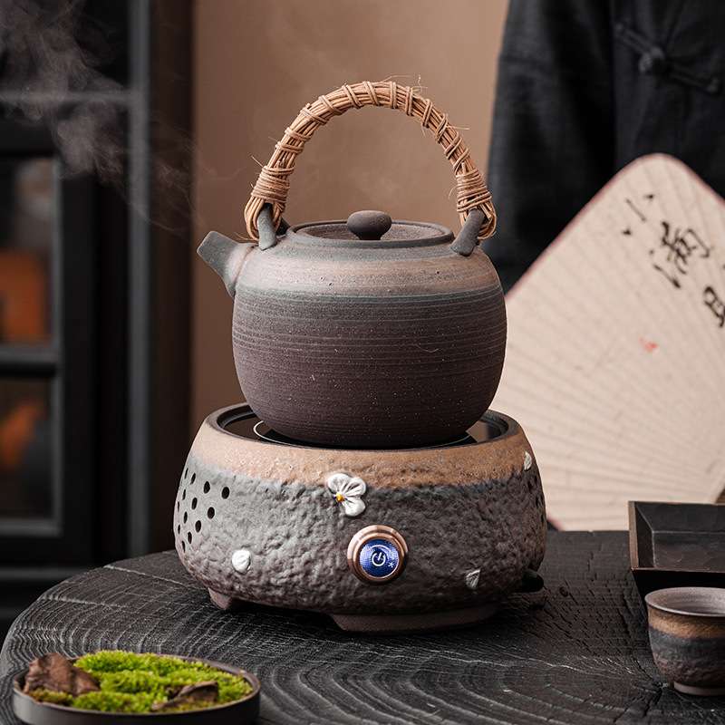 鎏金粗陶电陶炉复古围炉煮茶家用室内煮茶器陶瓷茶壶套装煮茶神器