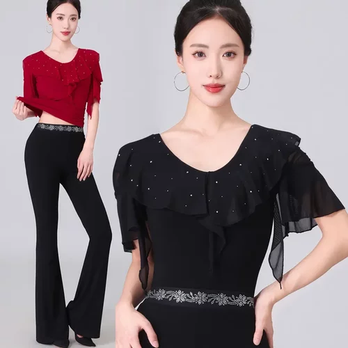 女拉丁交谊摩登舞荷叶袖练功服