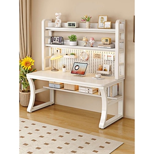 实木电脑桌家用办公桌卧室学生学习桌书桌书架一体带洞洞板电竞桌