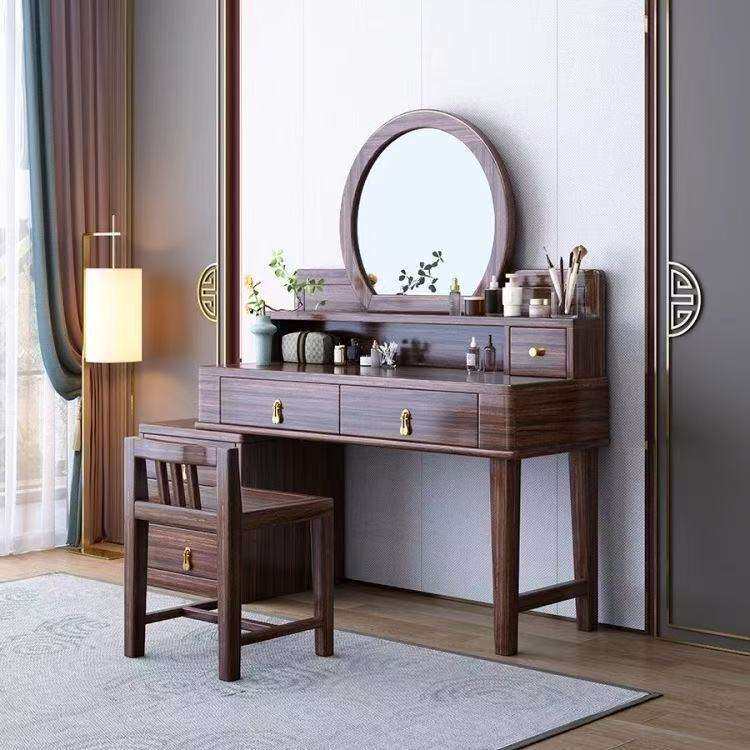 新中式乌金木实木梳妆台别墅家具大小户型卧室化妆桌带镜子带妆凳