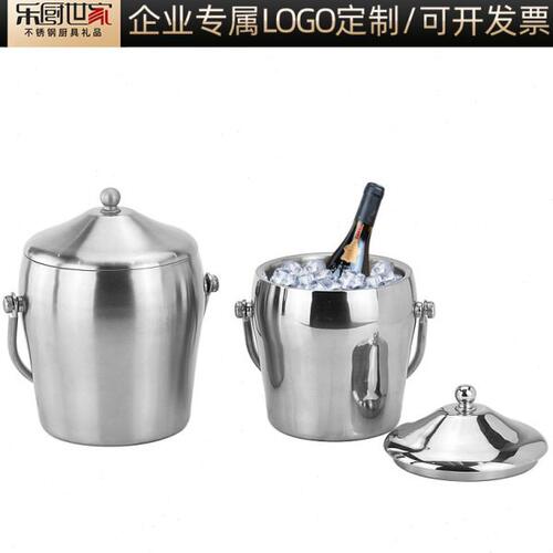 不锈钢双层冰桶加厚带盖手提冰粒桶保温保冷香槟桶双耳鼓形