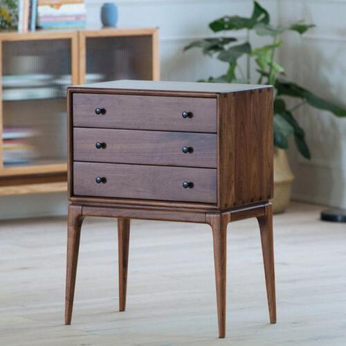 轻奢黑胡桃木沙发边柜抽屉柜北欧原木斗柜高脚床头柜客厅玄关柜