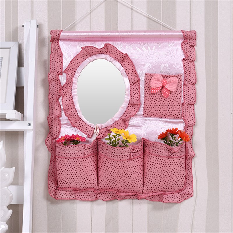 包邮墙壁门后挂袋布艺多层收纳挂袋 带H镜子收纳袋挂式梳妆袋挂兜