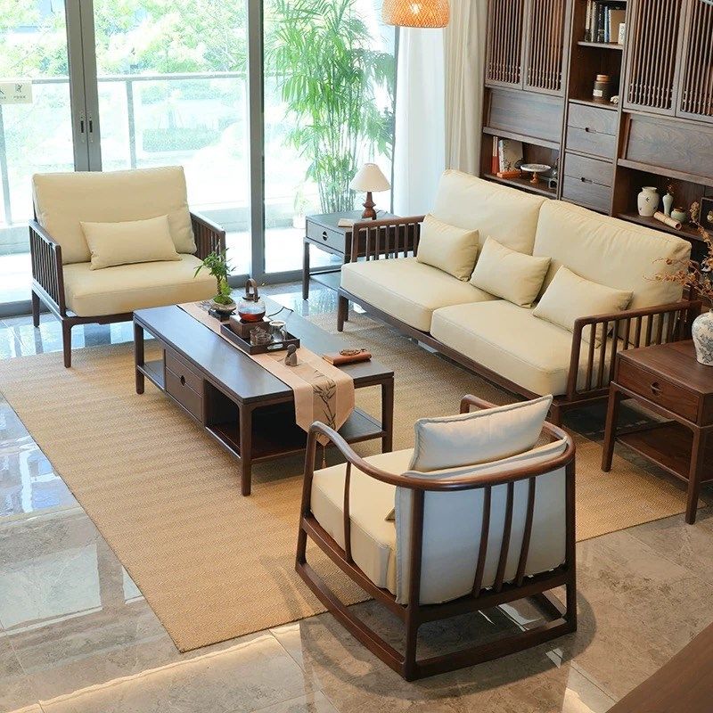 新中式实木沙发客厅2025新款高端E禅意简约轻奢黑胡桃木布艺家具