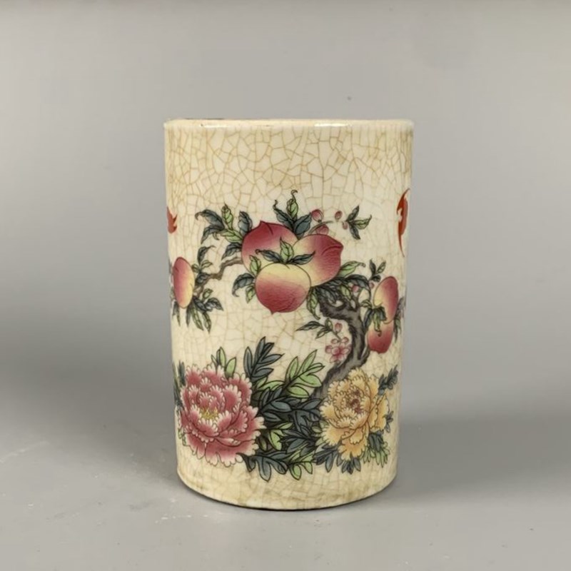 大清光绪粉e彩寿桃笔筒古董老瓷器复古旧货仿古玩书房摆件收藏