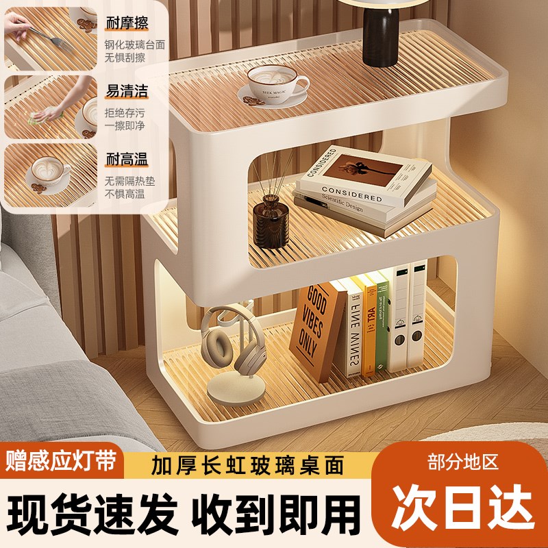 可移动边几沙发侧边柜轻奢高级带灯客厅茶几小推车V铁艺床头置物