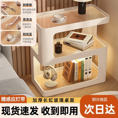 可移动边几沙发侧边柜轻奢高级带灯客厅茶几小推车V铁艺床头置物