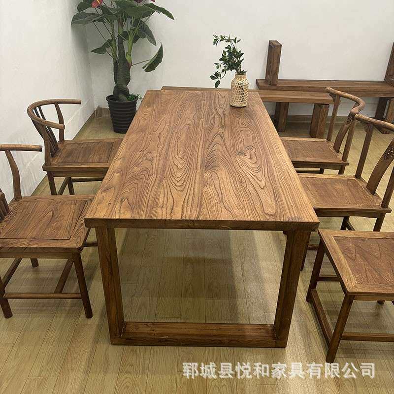 老榆木大板办公桌家用禅意长方形吧台桌实木电脑桌原木茶桌椅组合