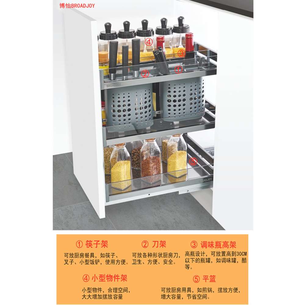 拉篮厨房橱柜双层抽屉式铝合金调味拉篮窄柜储物内置底装调料拉篮