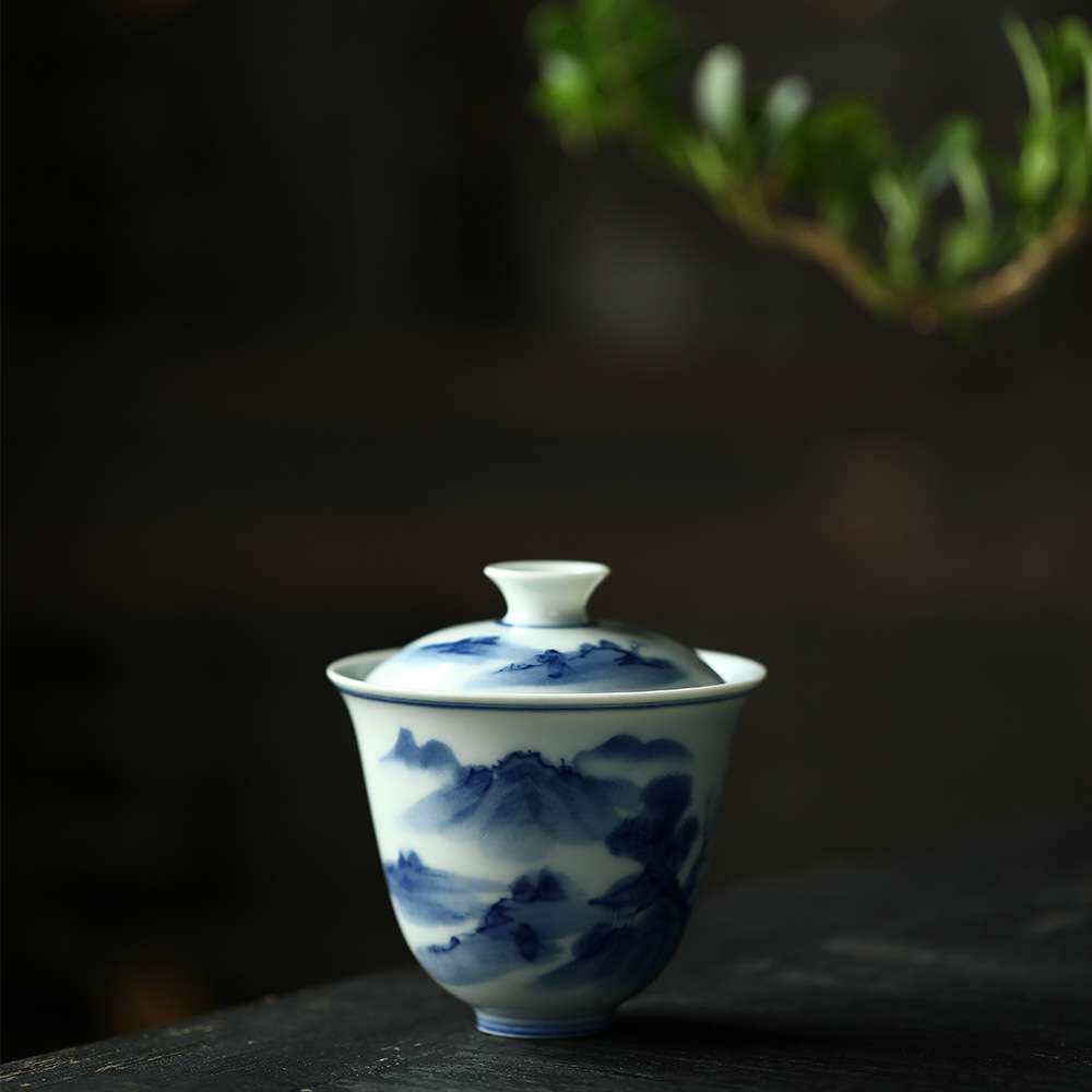 柴窑仿古青花山水盖碗内外手绘盖杯单个迷你小号不烫手寒窑泡茶碗