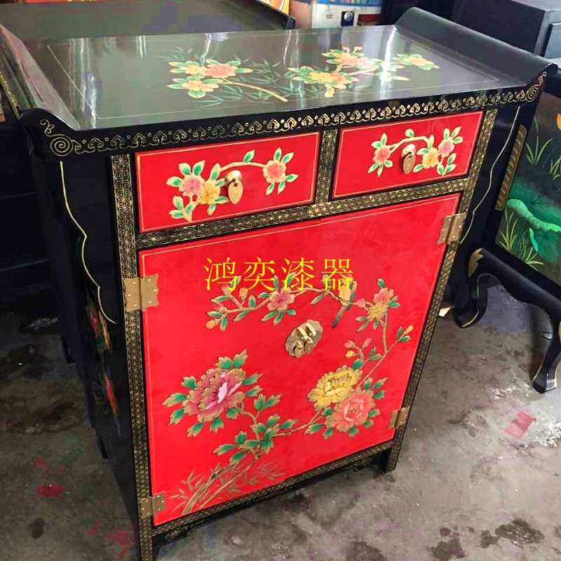 推光漆器玄关柜实木手工彩绘新中式古典漆画做旧装饰柜子客厅家具
