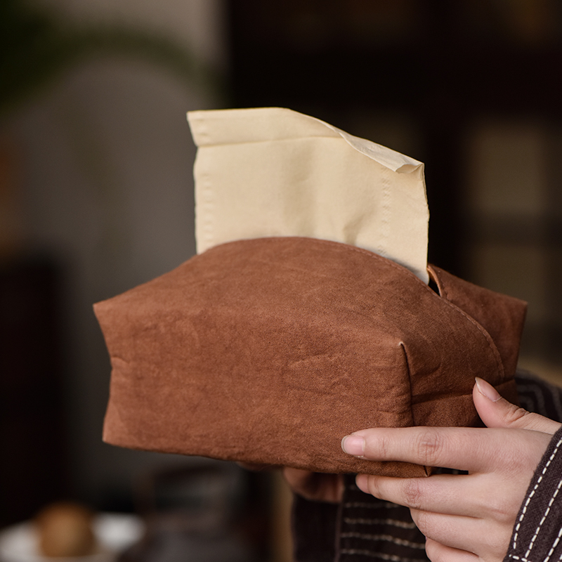 慢蓝 纯手工柿染纸巾收纳盒抽纸布包 简约M复古纸巾盒茶道纸巾套