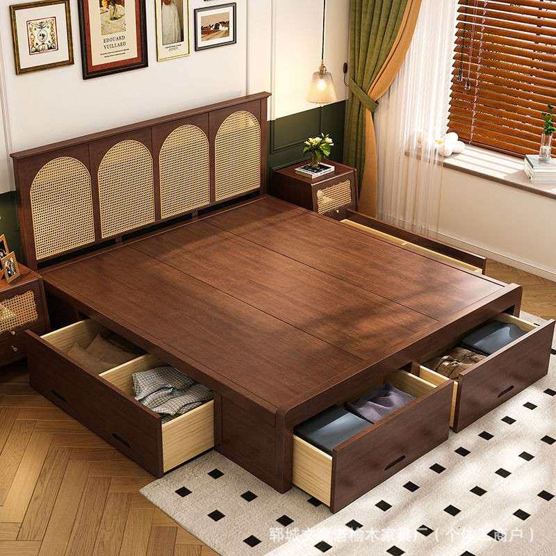 复古实木床榻榻米收纳储物床带抽屉主卧双人床家用老榆木箱体婚床