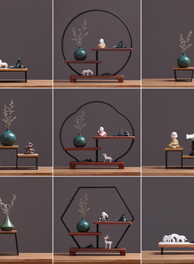 置物架摆件桌面饰品铁q艺方格子博古架中式工艺品茶几底座架子实