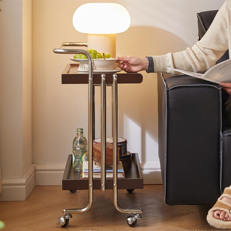 中复古实木可移动小推车客厅沙发边茶几胡桃色置物床X头柜收纳架