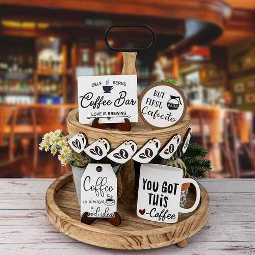 跨境新款简约Coffee咖啡系列桌面木质摆件 家具分层托盘装饰品