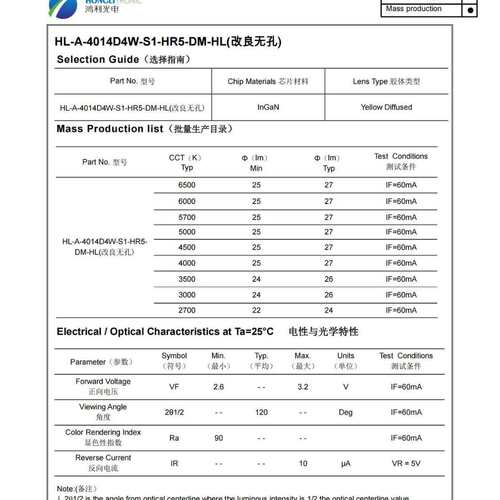 鸿利光电 4014灯珠  0.2W 白光LED 电流60mA  显指90 亮度25-27lm