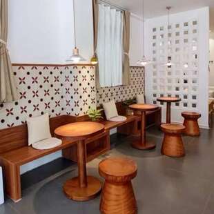 严选复古咖啡厅桌椅组合奶茶店实木餐桌边几餐饮店休闲区商用方桌