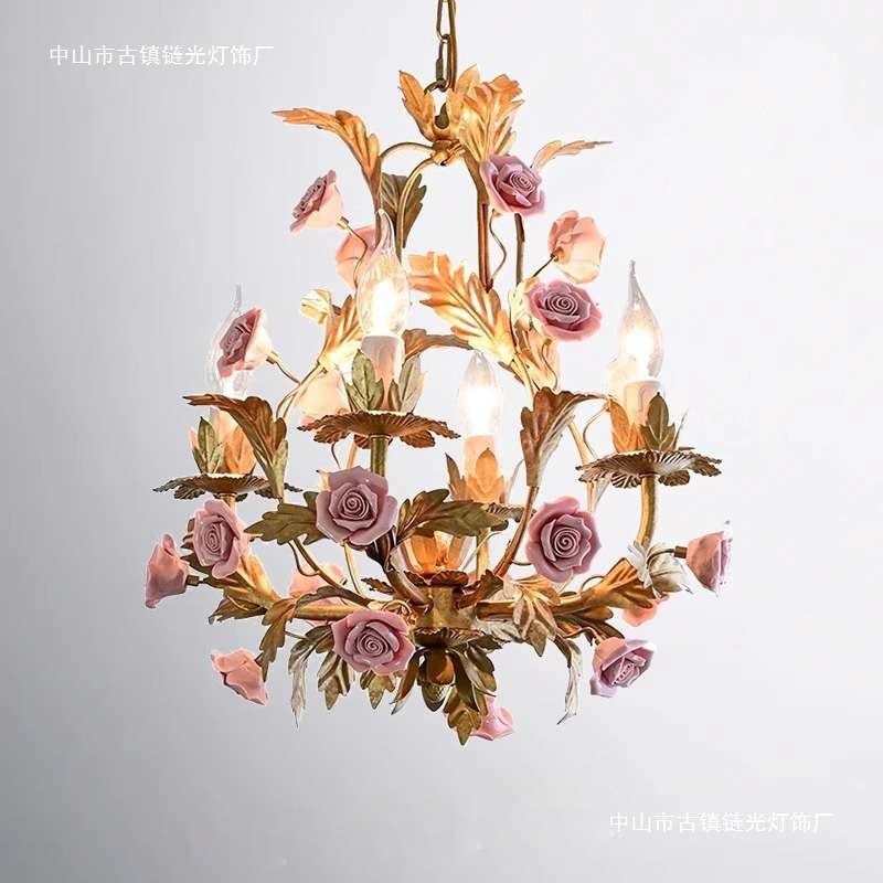 美式吊灯复古田园设计师餐厅书房法式奶油风白色陶瓷玫瑰花卧室灯
