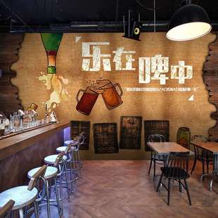 3D复古酒吧墙纸啤酒主题酒文化壁画休闲吧餐厅咖啡厅烧烤店壁纸