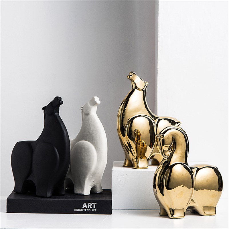 现代磨砂黑白马陶瓷摆件会所样板房民宿创意动R物装饰品工艺品摆