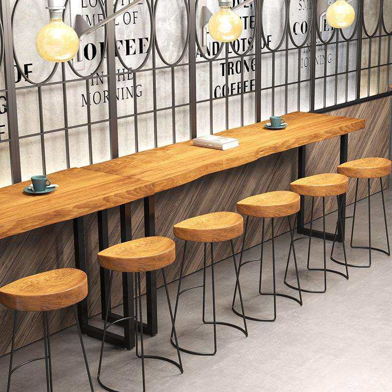 简约个性桌椅长条实木高脚吧台餐桌椅奶茶店商用长条靠墙桌椅