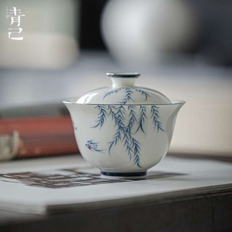 青己 玉瓷手绘青花陶瓷盖碗 新中式家用泡茶碗 燕归来福灵盖碗