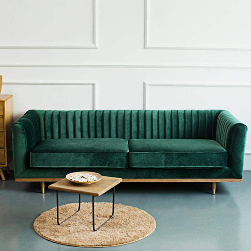 墨绿色北欧布艺沙发后现代简约丝绒布三人位可拆洗样板房实木沙发