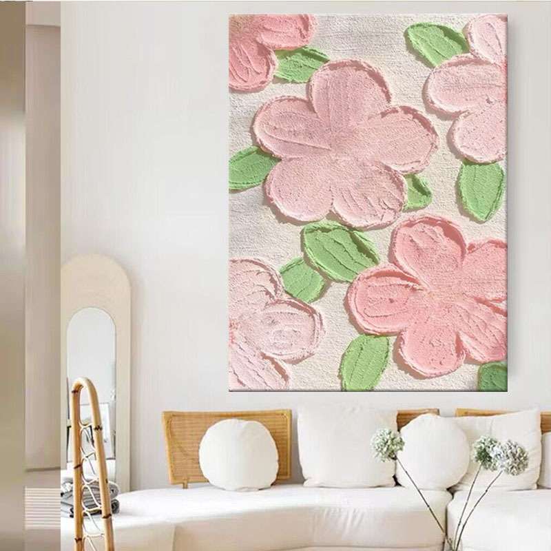 手绘油画奶油风粉色花卉卧室客厅装饰画石英砂立体肌理手工画成品图片