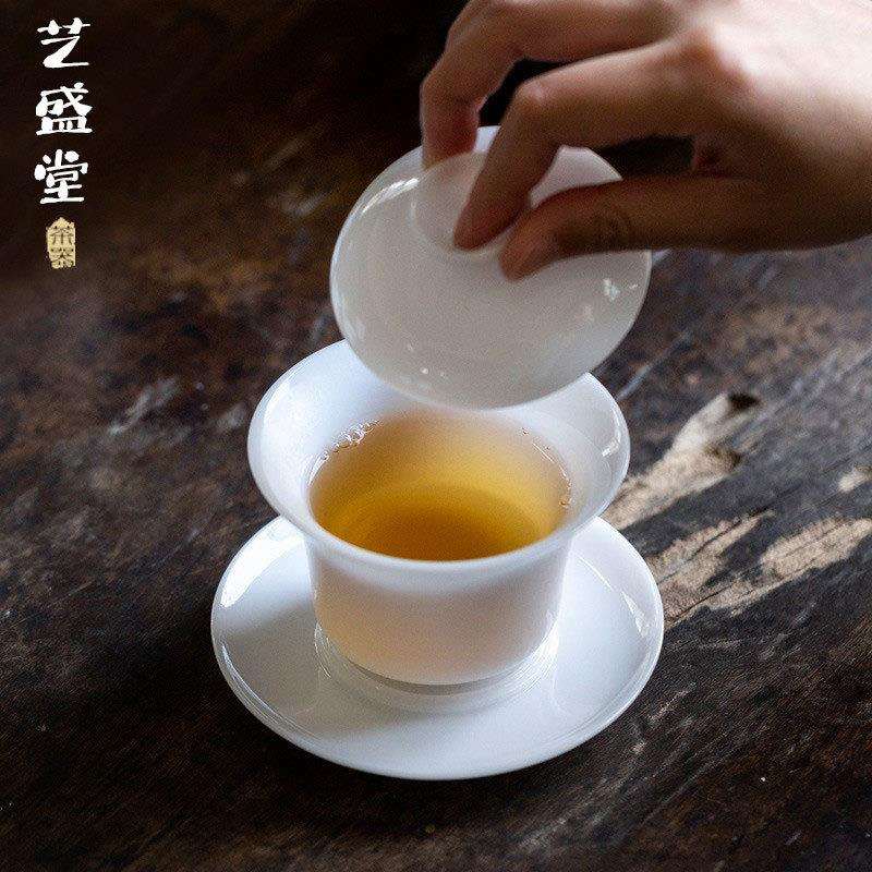 德化冰种玉瓷盖碗白瓷沏茶碗家用陶瓷泡茶碗羊脂玉三才盖碗敬茶杯