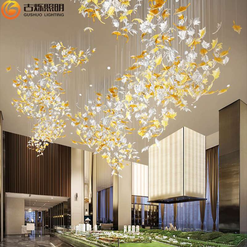 酒店大厅琉璃枫叶非标工程吊灯创意个性别墅客厅长条枝形灯具工厂