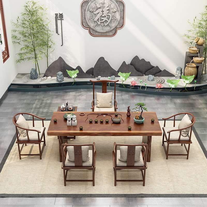 新中式实木茶桌家用大板仿古功夫泡茶桌椅组合酒店茶室洽谈茶台桌