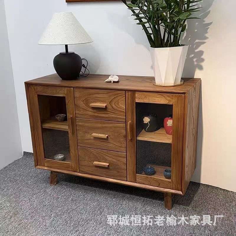 客厅餐边柜现代简约储物柜酒柜实木橱柜收纳置物柜子老榆木矮柜