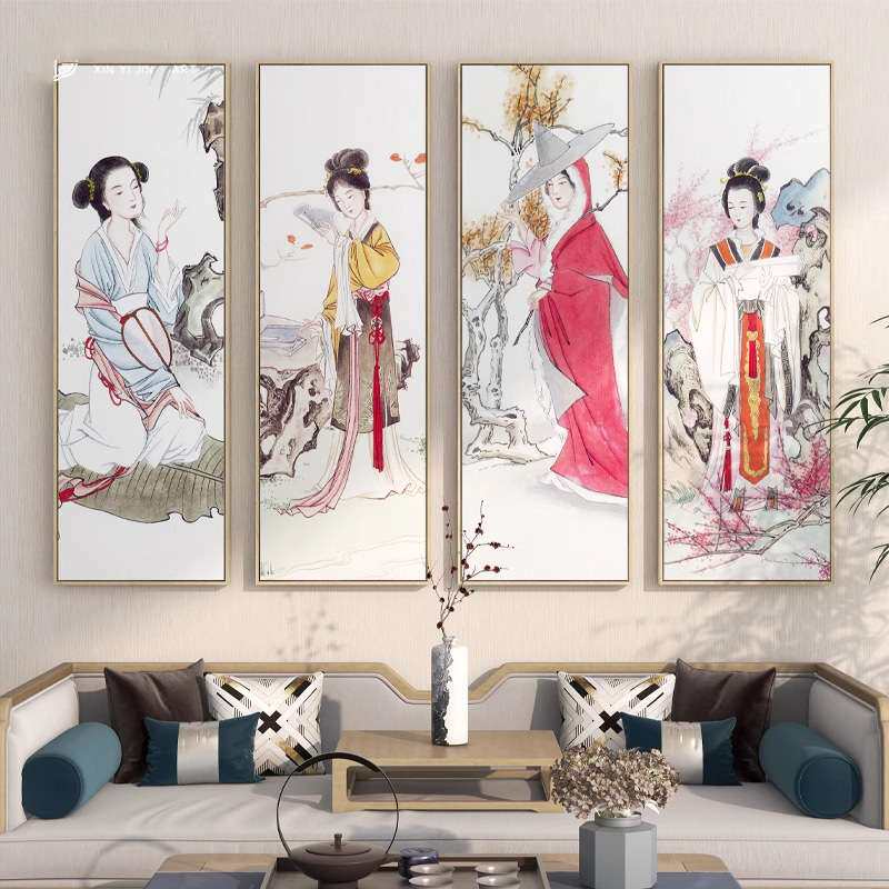仕女图四条屏挂画新中式古代禅意茶室装饰玄关墙壁画艺术飞天仙女