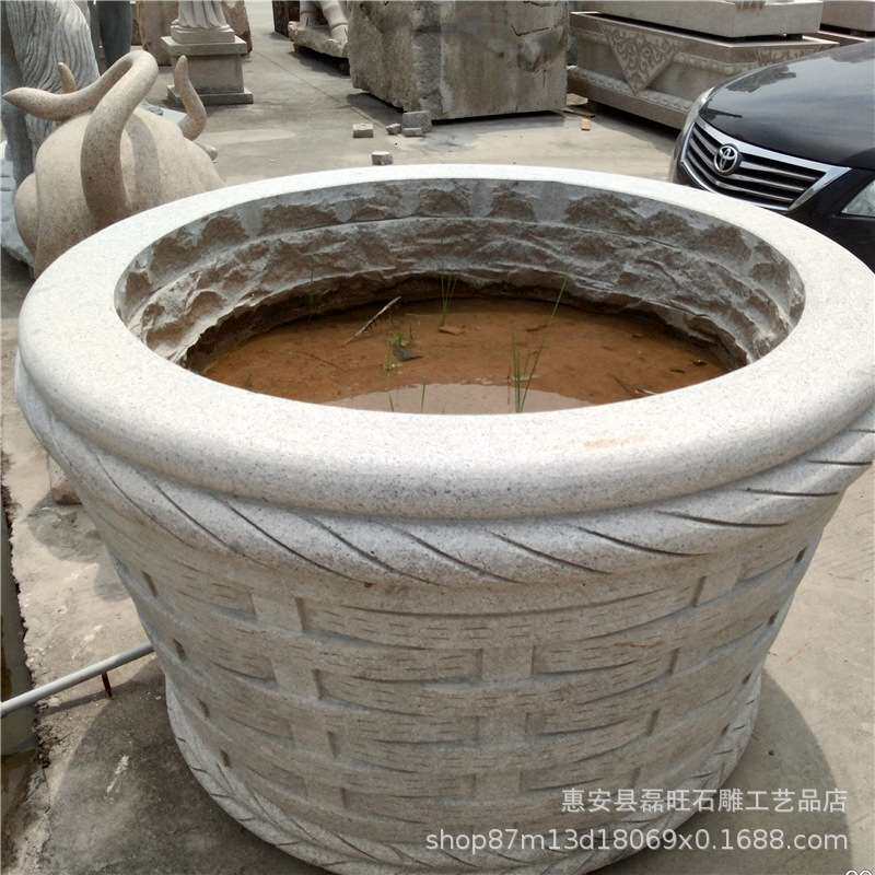 石雕荷花鱼圆缸庭院大石缸石头水缸中式石盆水景青石花盆鱼缸仿古