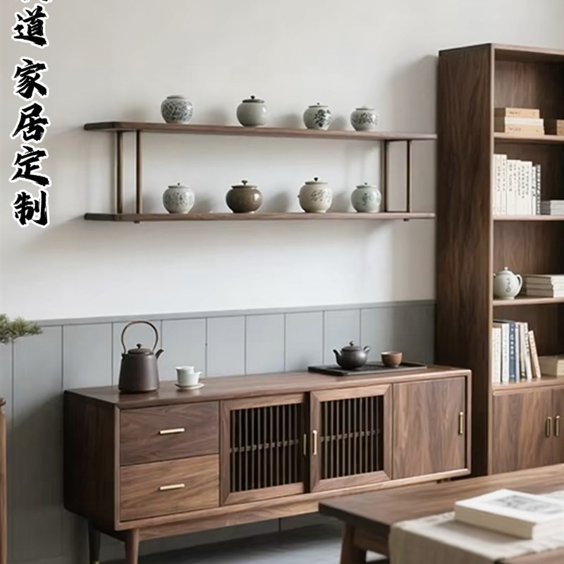 宋式风格2025新款靠墙一体储物柜极简客L厅北美黑胡桃实木电视柜