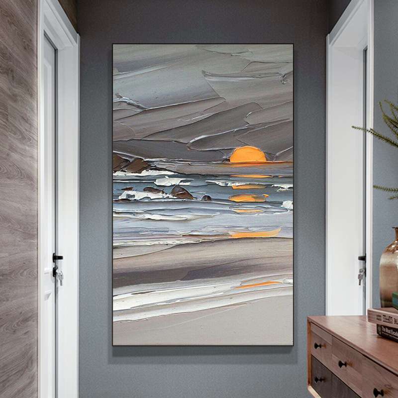 手绘油画《日出》玄关画竖版现代简约装饰画走廊抽象画过道挂画