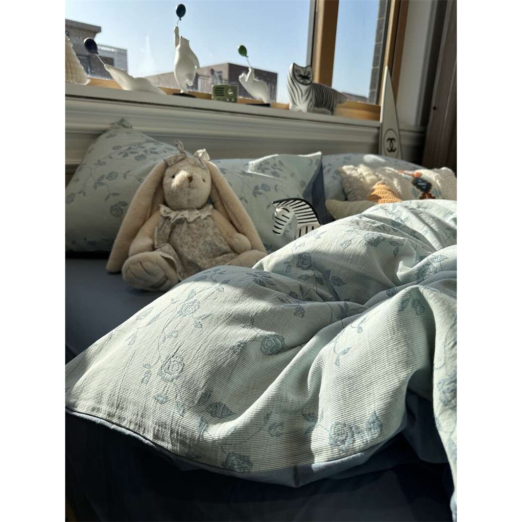 提花蓝色床上四件套纯棉水洗棉.米被套床单三件套少女心