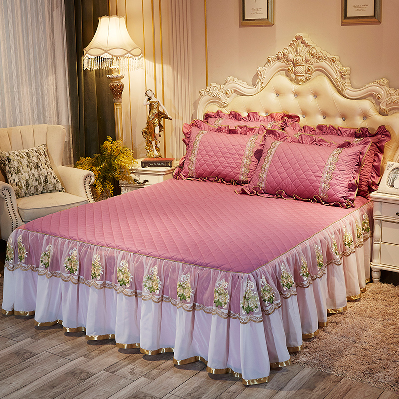 欧式全棉夹棉蕾丝床裙单件加厚v纯棉1.8m双人床上床罩防滑床套1.5