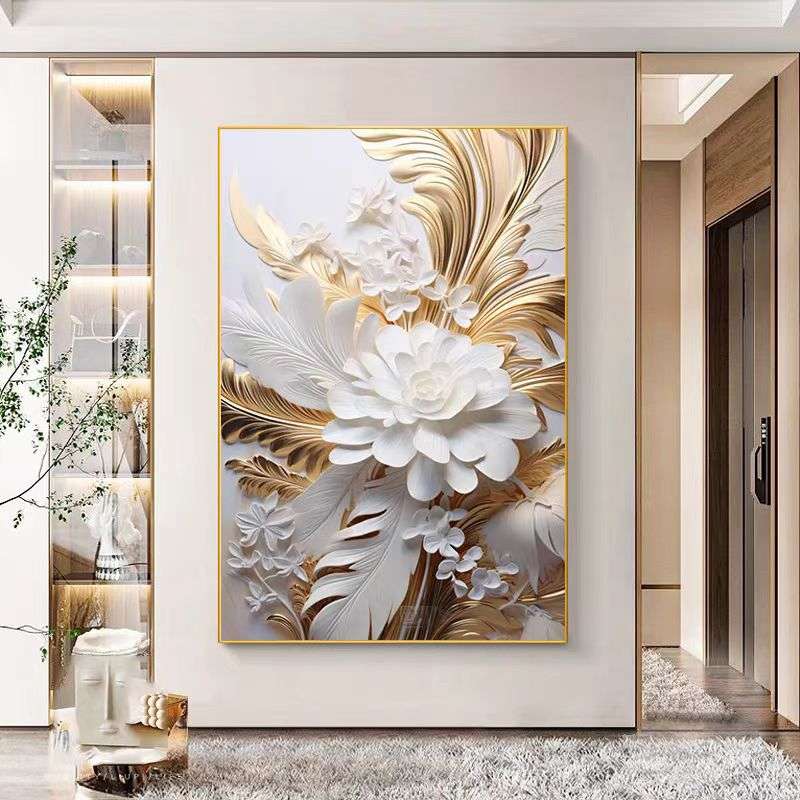 奶油风玄关装饰温馨花朵客厅竖版壁画正对门入户走廊花卉晶瓷挂画图片