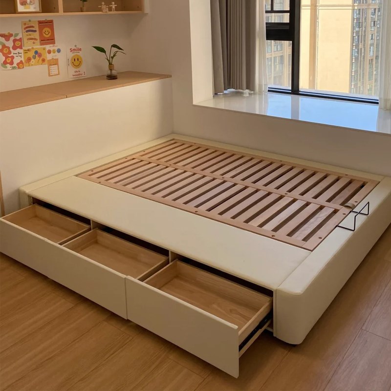 榻榻米无床f头排骨架全实木床榉木现代简约储物床高箱抽屉皮艺床