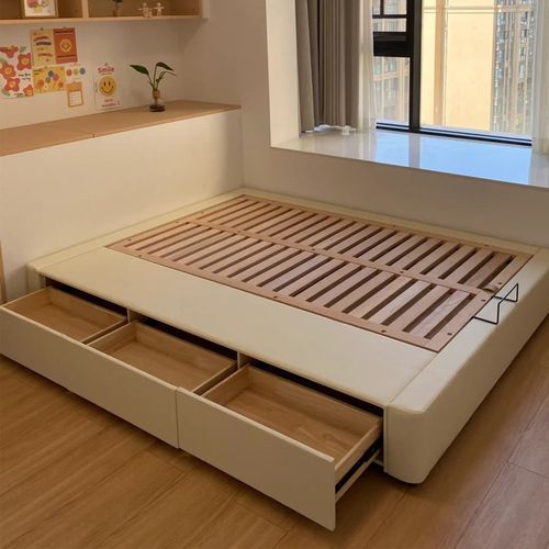 榻榻米无床f头排骨架全实木床榉木现代简约储物床高箱抽屉皮艺床