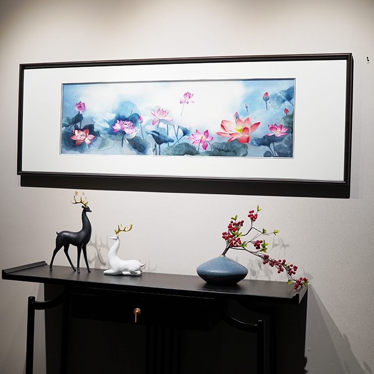 带荷花纯手工可图苏州沙发背景墙精品刺绣客厅装饰画定制新中式框图片