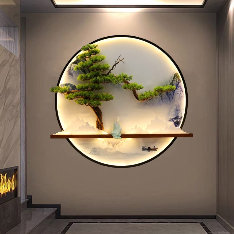 沙发壁饰挂件电视圆形玄关新中式画背景墙装饰迎客松客厅铁艺定制图片